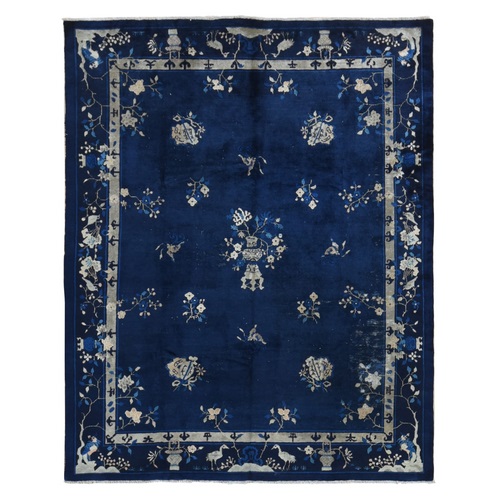 Navy Blue, Antique Chinese Peking, Clean, Sides and Ends, Reselvedge by Hand and Secured, Some Wear, Hand Knotted, Pure Wool Oriental Rug