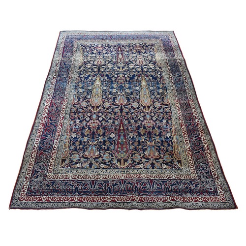 Midnight Blue, Antique Persian Lavar Kerman, Cypress Tree and Lotus Flower Directional Design, Good Condition, Soft Pile and Supple, Denser Weave, Clean with Sides and Ends Professionally Secured, Hand Knotted, Pure Wool Oriental Rug