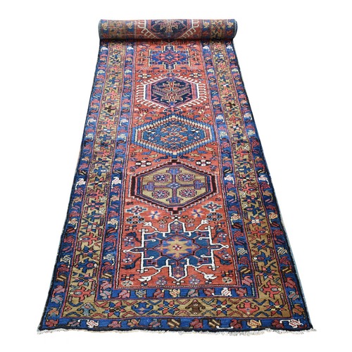 Apricot Color, Antique Persian Karajeh Runner, Geometric Medallions, Soft and Supple, Full Even Pile, Clean with Sides and Ends Professionally Secured, Hand Knotted Pure Wool Oriental Rug