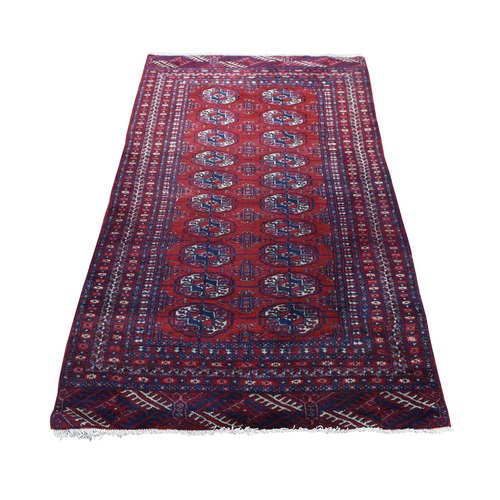Crimson Red, Old Turkeman Bokara, Elephant Feet Medallions, Soft and Supple, Full Even Pile, Clean with Sides and Ends Professionally Secured, Hand Knotted, Pure Wool Oriental Rug