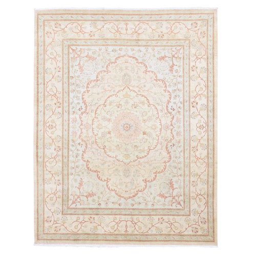 Cream with Pastel Colors, Antiqued Tabriz, Hand Knotted Pure Wool, Oriental 