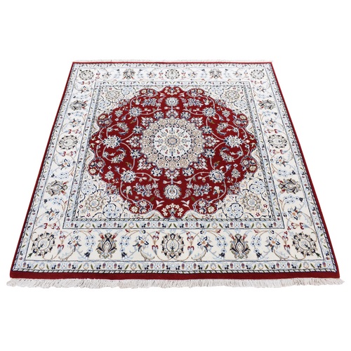 Cherry Red, Pure Wool 250 KPSI Nain with Center Medallion Flower Design, Hand Knotted, Oriental Square 