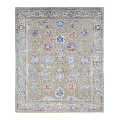 Tan Color, Textured Ancient Sultanabad Design, Silk With Textured Wool Hand Knotted, Oriental Rug 