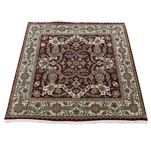 Chocolate Cosmos Red, Tabriz Intricate Scroll Design, Hand Knotted, 300 KPSI, New Zealand Wool, Square Oriental 