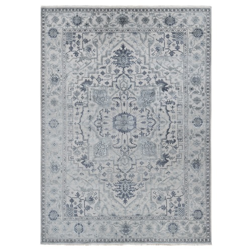 Silver Gray, Heriz Design Hi-Lo Pile, Wool And Silk Hand Knotted, Oriental Rug