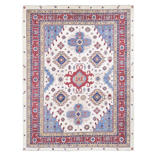 Ivory, Special Kazak with Geometric Design, Pure Wool Hand Knotted, Oriental Rug