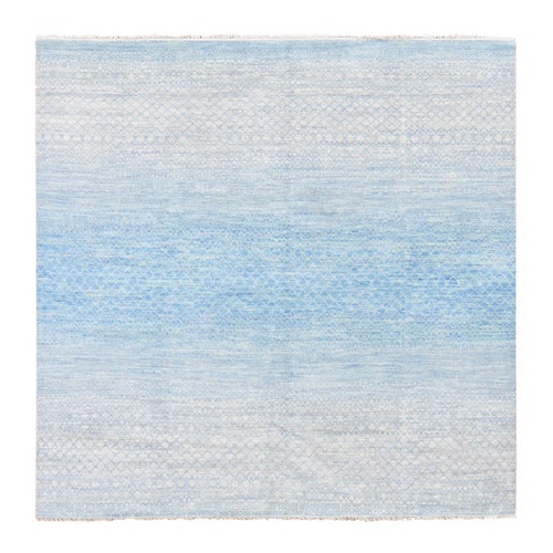 Light Blue, Modern Chiaroscuro Collection, Thick and Plush Pure Wool Hand Knotted, Square Oriental 