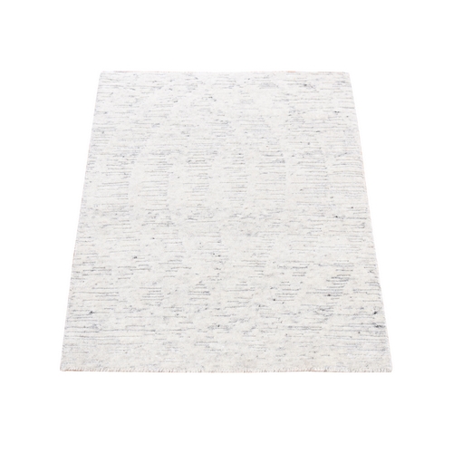 Ivory, Modern with Repetitive Curvilinear Design Undyed Natural Wool, Hand Knotted Tone on Tone, Mat Oriental Rug