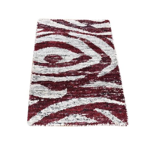 Ivory and Burgundy Red, Modern with Tree Bark Design, Hand Knotted Sari Silk, Mat Oriental 