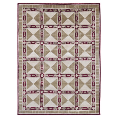 Ivory, Hand Knotted, Modern Nepali Neo Classic Block Design, Pure Wool, Oriental Rug