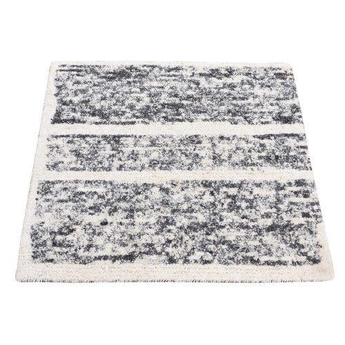 Olive Black, Modern Striae Design Plush Pile, Densely Woven Organic Undyed Wool, Hand Knotted Square Oriental Rug 