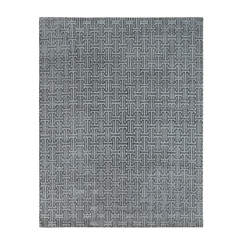 Goose Gray, Pure Silk with Textured Wool, Roman Key Design, Hand Knotted, Oriental Rug