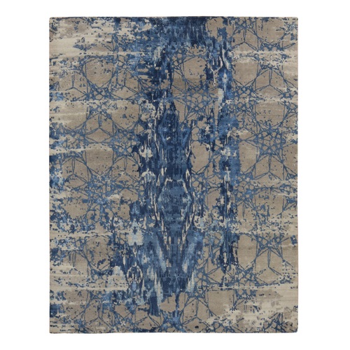 Yale Blue, Wool and Silk, Abstract Design, Hand Knotted, Oriental 