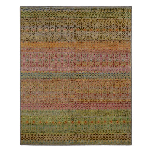 Colorful, Modern Grass Design, Multi Color Gradation, Sari Silk with Textured Wool, Hand Knotted, Oriental 