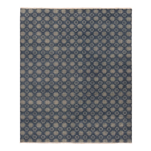 Aegean Blue, Modern Tone on Tone Repetitive Rosette Design, Pure Wool, Hand Knotted, Oriental 