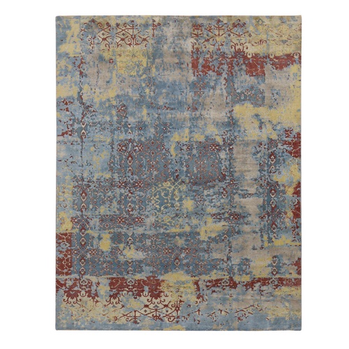 Aegean Blue, Hand Knotted, Silk with Textured Wool, Broken and Erased Intricate Flower Design, Oriental Rug