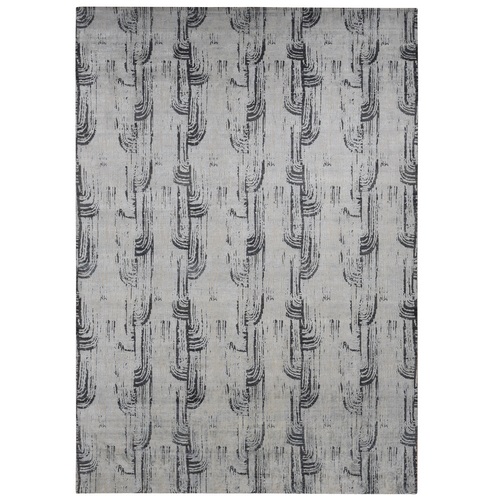 Cloud Gray, The Cane Design, Pure Silk with Textured Wool, Hand Knotted, Oriental Rug