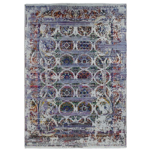 Battleship Gray, Erased Rosset, Colorful, Sari Silk with Textured Wool, Hand Knotted, Oriental Rug