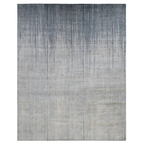 Medium Gray, Hand Knotted, Vertical Ombre Design, Pure Silk with Textured Wool, Oversized Oriental Rug