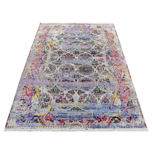 Ash Gray, Colorful ERASED ROSSETS, Sari Silk with Textured Wool, Hand Knotted, Oriental Rug
