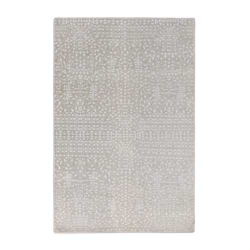 Vanilla White, Hand Knotted, Tone on Tone, Pure Silk with Textured Wool, Oriental Rug