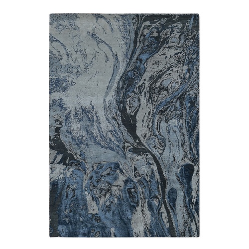Blue, Geological Design, Wool and Pure Silk, Soft to The Touch, Hand Knotted, Oriental 