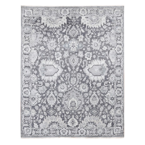 Thunder Gray, Hand Knotted Oushak Influence Silk with Textured Wool Oriental 