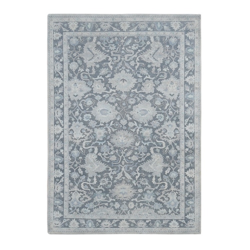 Battleship Gray, Hand Knotted, Oushak Influence, Pure Silk and Textured Wool, Oriental Rug