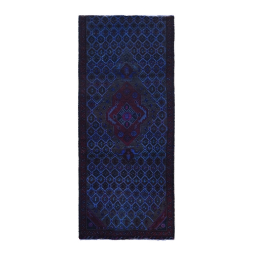 Midnight Blue, Overdyed Vintage Persian Hamadan with Large Medallion, Hand Knotted Soft Wool, Wide Runner 