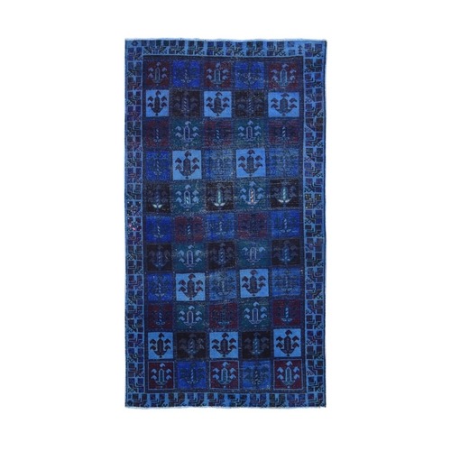 Midnight Blue, Overdyed Persian Bakhtiari with Garden Design, Hand Knotted Worn Wool, Oriental Rug