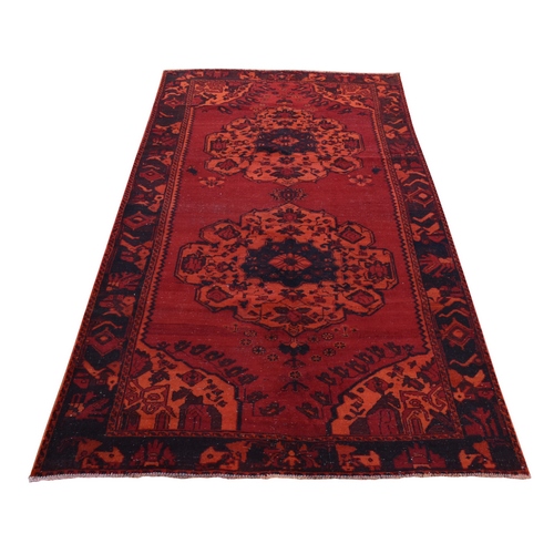 Maroon Red, Overdyed Persian Bakhtiari, Hand Knotted, Worn Wool, Wide Runner, Oriental 