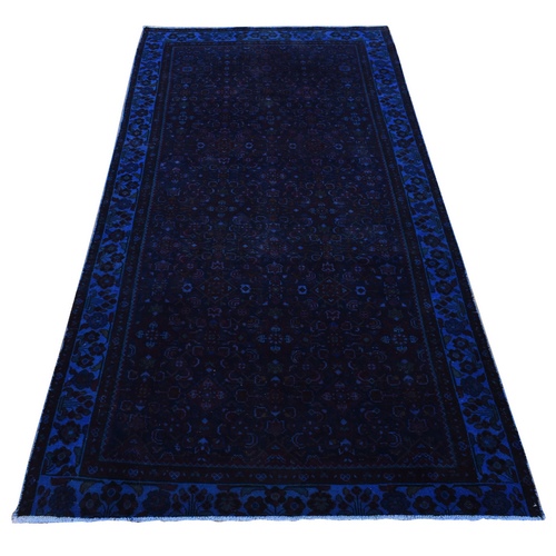 Space Cadet Blue, Overdyed Persian Birjand, Fish Mahi All Over Design, Pure Wool, Hand Knotted, Wide Runner, Oriental 