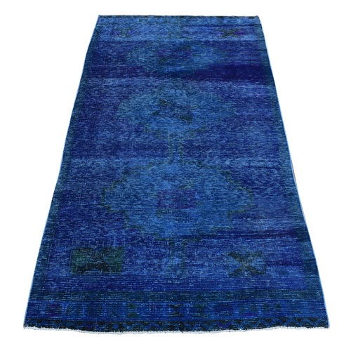 Space Cadet Blue, Overdyed Persian Tabriz, Worn Wool, Hand Knotted, Wide Runner, Oriental 