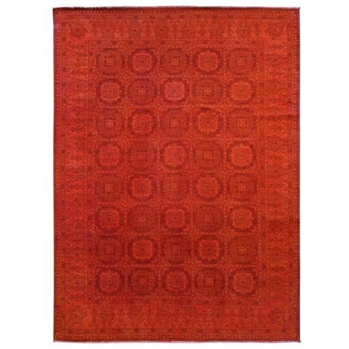 Scarlet Red, Hand Knotted, Overdyed Repetitive Block and Rosette Afghan Beshir Design, Pure Wool, Oriental 