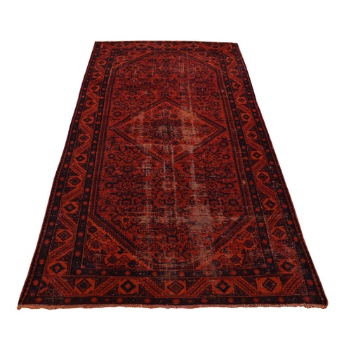 Chili Red, On Clearance, Worn Down, Hand Knotted, Overdyed Vintage Persian Hussainabad, Wide Runner, Oriental 