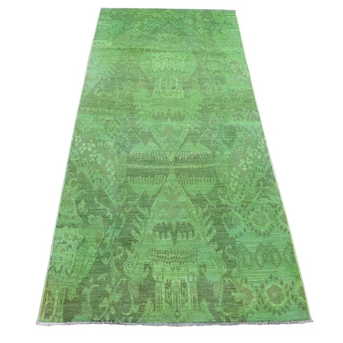 Avocado Green, On Clearance, Hand Knotted, Overdyed Ikat, Pure Wool, Wide Runner Oriental 
