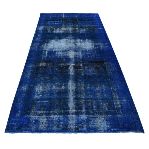 Astros Navy, Overdyed Vintage Persian Erased Motif, Soft Wool, Handmade, Wide and Long Shape, Oriental Rug