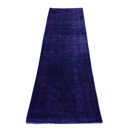 Spanish Violet Purple, On Clearance, Hand Knotted, Worn Down, Pure Wool, Overdyed Hamadan, Runner, Oriental Rug