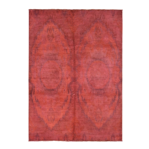 Cinnabar Red, Overdyed Ikat Design, Hand Knotted, 100% Wool, Oriental Rug