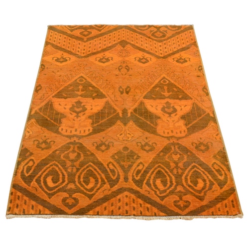 Orange Overdyed Cast Ikat Design, Clearance, Hand Knotted, Pure Wool, Oriental Rug