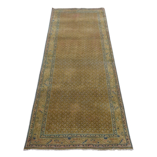 Gold Color, Vintage Persian Sarouk Mir Boteh Design, Sheared Low, Distressed Look, Worn Wool, Hand Knotted, Wide Runner, Oriental 
