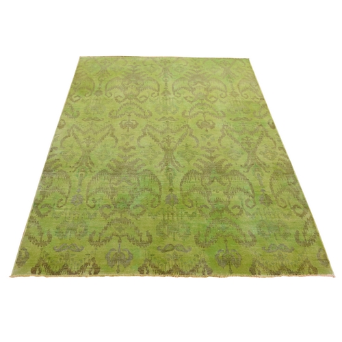 Lime Green Cast, Overdyed Ikat, Hand Knotted, Pure Wool, Oriental Rug