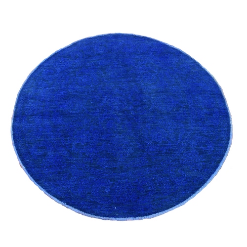 Sapphire Blue, Overdyed Peshawar, Full Pile, Hand Knotted, Pure Wool, Round, Oriental Rug