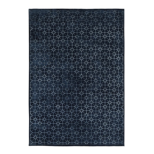 Denim Black, Overdyed Trellis Design, Pure Wool, Hand Knotted, Oriental Rug