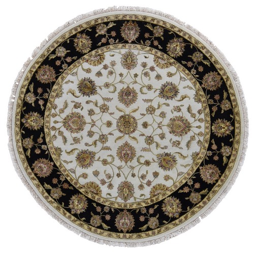 Ivory, Hand Knotted, Rajasthan Design, Half Wool and Half Silk, Thick and Plush, Round Oriental 