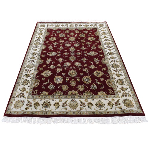 Mahogany Red, Wool and Silk, Rajasthan Design, Hand Knotted, Oriental Rug