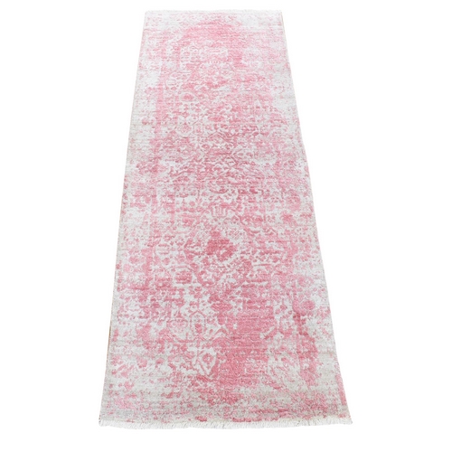 Pink, Tone on Tone, Broken Persian Design, Hand Knotted, Wool and Real Silk, Runner, Oriental Rug