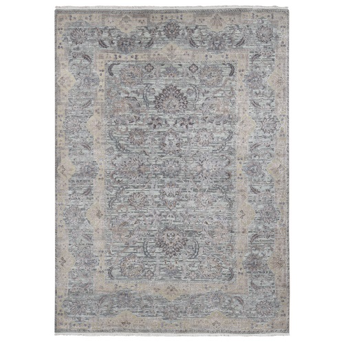Light Green, Pure Silk With Textured Wool Mughal Design Hand Knotted, Oriental Rug