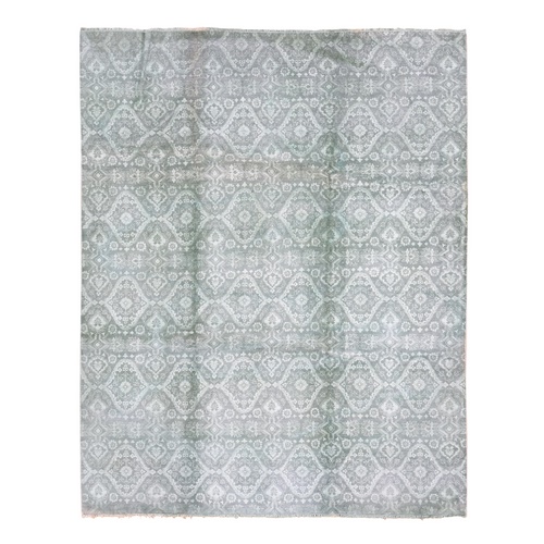 Green Overdyed, Tone on Tone, Wool and Silk Hand Knotted, Oriental Rug