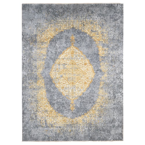 Gray and Gold, Persian Large Medallion Design, Wool and Pure Silk Hand Knotted, Oriental 